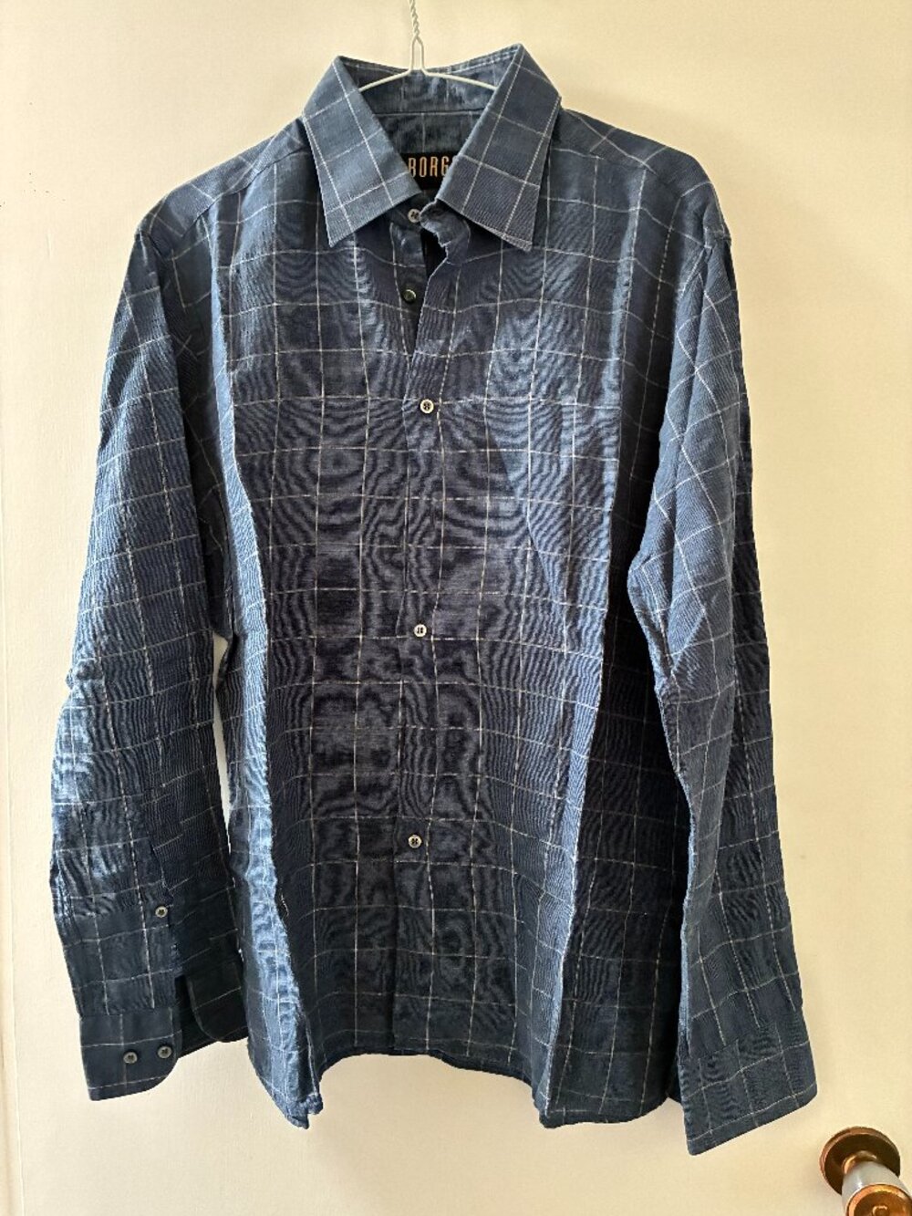 Shirt. NEW. Sz Large. 100% Linen BORGO Made in Italy. Blue/white check.